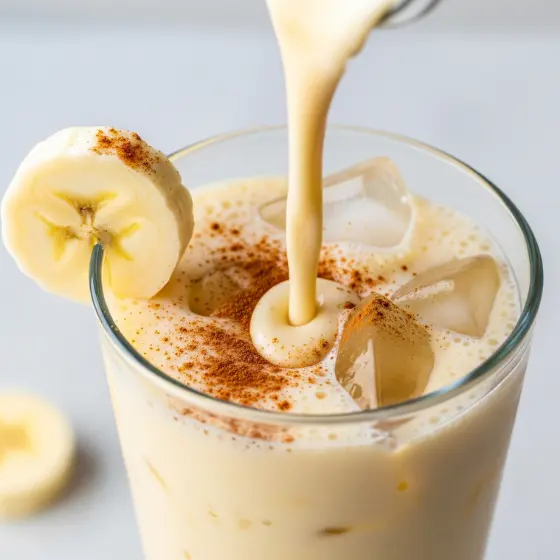 Banana Milkshake Recipe shown as a creamy smoothie poured into a glass with ice cubes, topped with cinnamon. A banana slice is on the rim, creating a refreshing, sweet ambiance.