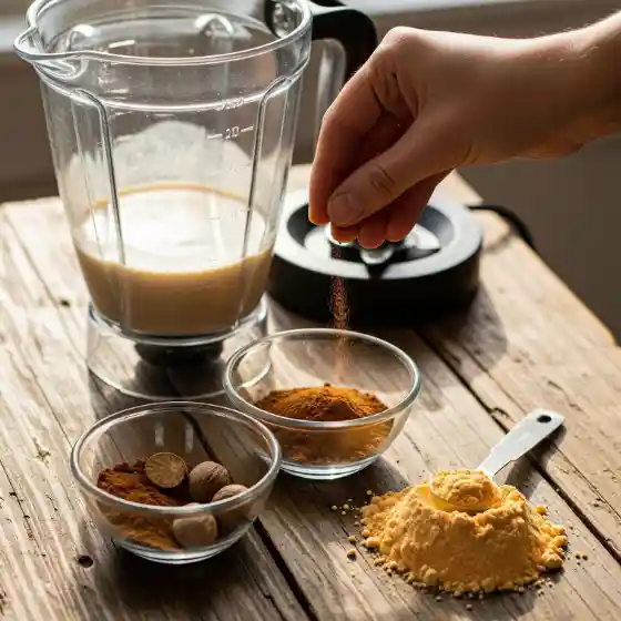 A hand sprinkles spice into a blender next to bowls of cinnamon, nutmeg, and turmeric on a rustic table, preparing a Pumpkin Protein Shake. Warm kitchen ambiance, ready for cooking.