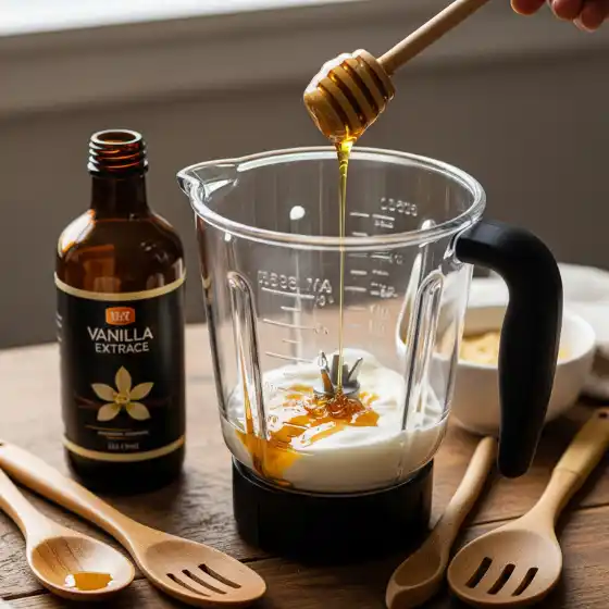 A hand drizzles honey into a blender with yogurt next to a vanilla extract bottle on a wooden table, preparing ingredients for a Pumpkin Protein Shake. Wooden spoons and a bowl are nearby, creating a cozy and inviting scene.