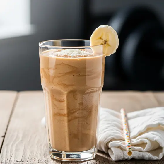 Tall glass of creamy Peanut Butter Protein Shake, topped with a banana slice, rests on a wooden table. A polka-dotted straw and napkin add a casual, inviting feel.