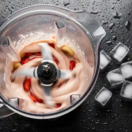 Top view of a blender mixing a pink smoothie—intended as a variation of a Pumpkin Protein Shake—with visible strawberries and bananas. Ice cubes and water droplets surround it on a black surface.