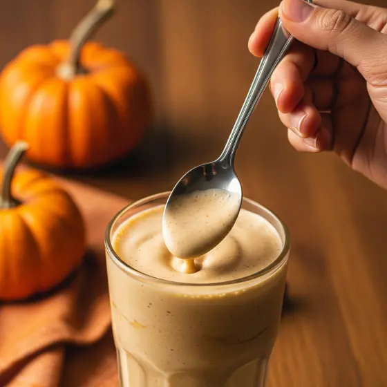 A spoon dips into a creamy Pumpkin Protein Shake in a glass, set on a wooden table. Two small pumpkins and an orange napkin add an autumn vibe.