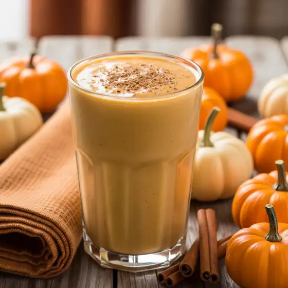 A creamy pumpkin smoothie in a glass, topped with cinnamon, surrounded by small pumpkins, cinnamon sticks, and a folded orange cloth. Cozy autumn vibe.