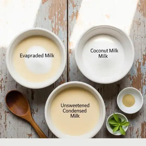 Three bowls of milk varieties labeled: Evaporated Milk, Coconut Milk, and Unsweetened Condensed Milk, with a wooden spoon and herbs nearby — a visual comparison relevant to making Homemade Condensed Milk.