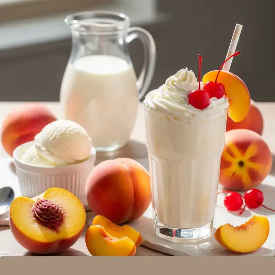 A refreshing Peach Milkshake topped with whipped cream, cherries, and peach slices, accompanied by a jug of milk and scoops of ice cream.