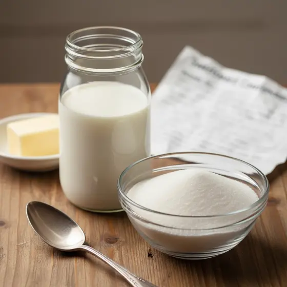 Homemade Condensed Milk ingredients displayed: a glass jar of milk, a bowl of sugar, a small plate of butter, and a spoon, arranged on a wooden table with a recipe paper in the background.