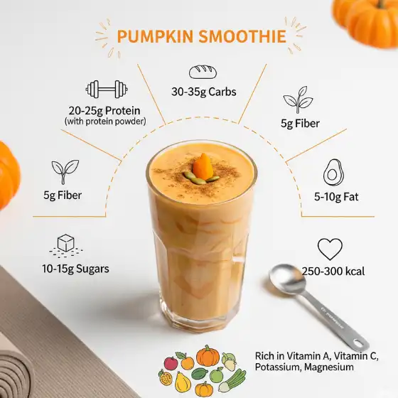 A Pumpkin Protein Shake with nutritional details: 20–25g protein, 30–35g carbs, 5g fiber, 5–10g fat, 10–15g sugars, 250–300 kcal. Rich in vitamins A and C.