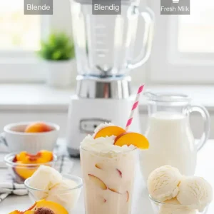 A delicious Peach Milkshake topped with whipped cream and fresh peach slices, surrounded by ingredients and a blender, showcasing the Peach Milkshake prep steps.