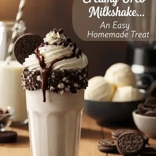 A tall glass of Oreo milkshake topped with whipped cream, Oreo crumbles, and chocolate drizzle, next to cookies and a bowl of ice cream. Warm, inviting tone, perfect while browsing Edgar haircuts for men.