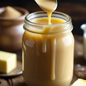 A jar of golden caramel sauce drips from a spoon, surrounded by butter and sugar on a rustic wooden surface, highlighting the rich texture of Homemade Condensed Milk.