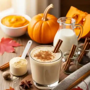 A creamy Pumpkin Protein Shake garnished with cinnamon sticks, surrounded by pumpkins, spices, and maple leaves, evoking cozy autumn vibes.
