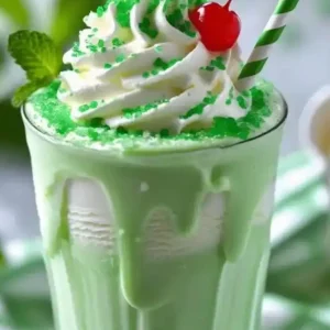 Shamrock Shake Recipe – A vibrant green milkshake topped with whipped cream, green sprinkles, a cherry, and a striped straw, served in a tall glass.