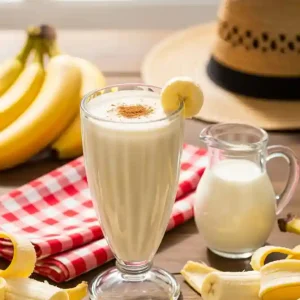 A glass of creamy banana smoothie from a classic Banana Milkshake Recipe, garnished with a banana slice, surrounded by fresh bananas, peels, and a small jug of milk.