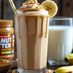 A creamy Peanut Butter Protein Shake topped with whipped cream, peanuts, and a banana slice, beside a glass of milk and fresh bananas.