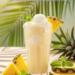 A fresh Pineapple Milkshake Recipe served in a tall glass, topped with ice cream and mint. Slices of pineapple and mint leaves decorate the light wooden table.
