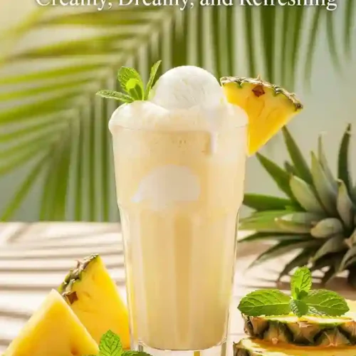 A fresh Pineapple Milkshake Recipe served in a tall glass, topped with ice cream and mint. Slices of pineapple and mint leaves decorate the light wooden table.