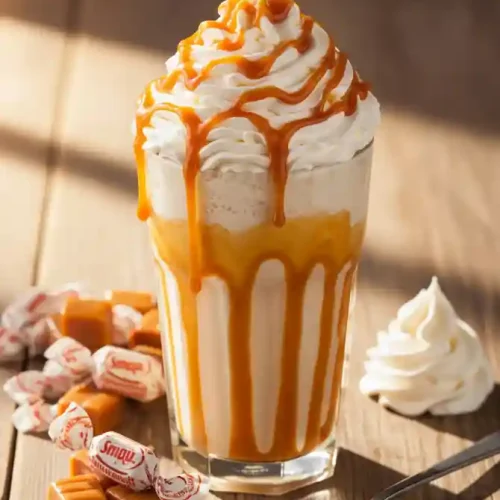 A tall glass filled with a creamy Caramel Milkshake topped with whipped cream and caramel drizzle, surrounded by caramel candies.