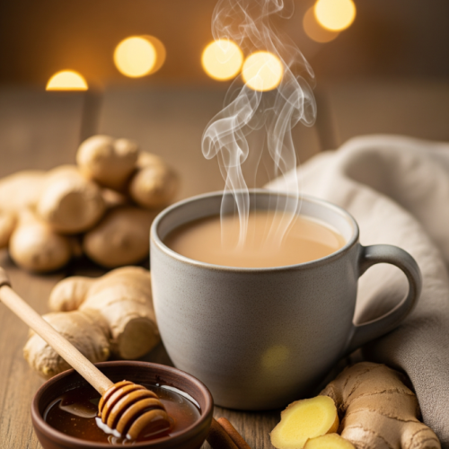 A steaming cup of Ginger Milk Tea with honey, fresh ginger, and cinnamon sticks, set against a warm, blurred background.