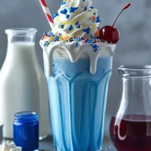 A vibrant blue milkshake topped with whipped cream, sprinkles, a cherry, and a striped straw, next to bottles of milk and syrup.