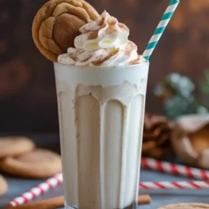 Snickerdoodle milkshake topped with whipped cream, cinnamon, and a cookie, served in a tall glass with a striped straw.