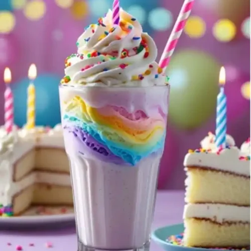 Colorful Birthday Cake Milkshake topped with whipped cream and candles, alongside a slice of vanilla cake adorned with sprinkles