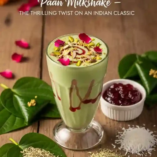 A creamy green Paan Milkshake garnished with nuts and rose petals, sits on a wooden table surrounded by paan leaves, fennel seeds, jam, and coconut.
