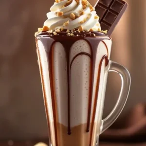 A tall glass filled with creamy dessert, topped with whipped cream, chocolate, and crushed nuts, garnished with a chocolate bar.