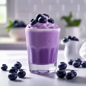 A delicious purple blueberries milkshake, set on a rustic table surface.