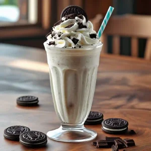 A delicious classic cookies and cream milkshake topped with whipped cream and crushed cookies in a tall glass.