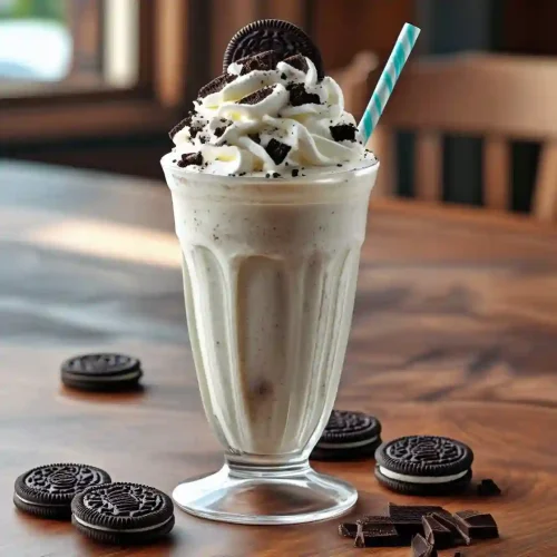 A delicious classic cookies and cream milkshake topped with whipped cream and crushed cookies in a tall glass.