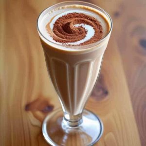 A glass of coffee topped with a rich swirl of chocolate, creating an inviting and indulgent beverage presentation.
