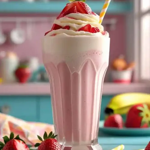 strawberry banana milkshake into the glass