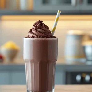 A delicious chocolate protein shake with a striped straw.