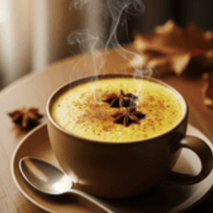 A warm cinnamon spice latte featuring a rich blend of spices and turmeric milk, served in a decorative cup