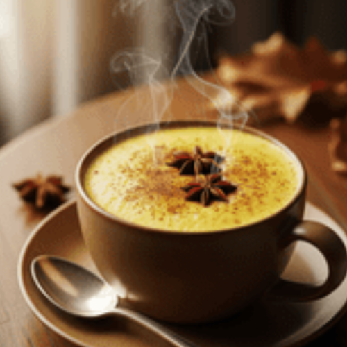 A warm cinnamon spice latte featuring a rich blend of spices and turmeric milk, served in a decorative cup