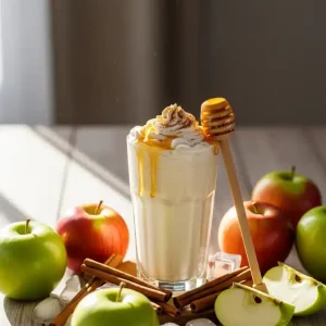 A glass of creamy apple milkshake, topped with whipped cream and honey drizzle, surrounded by red and green apples, cinnamon sticks, and ice cubes, in sunlight.